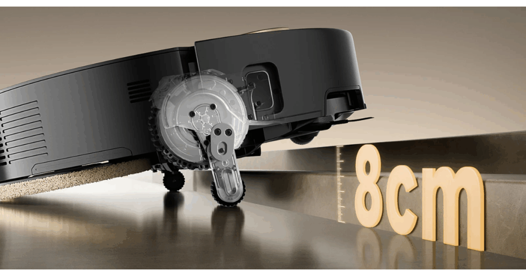 The MOVA Mobius 60 robot vacuum using its StepMaster 2.0 liftable chassis and retractable legs to climb an 8 cm (3.14-inch) threshold, demonstrating advanced obstacle-crossing capability.