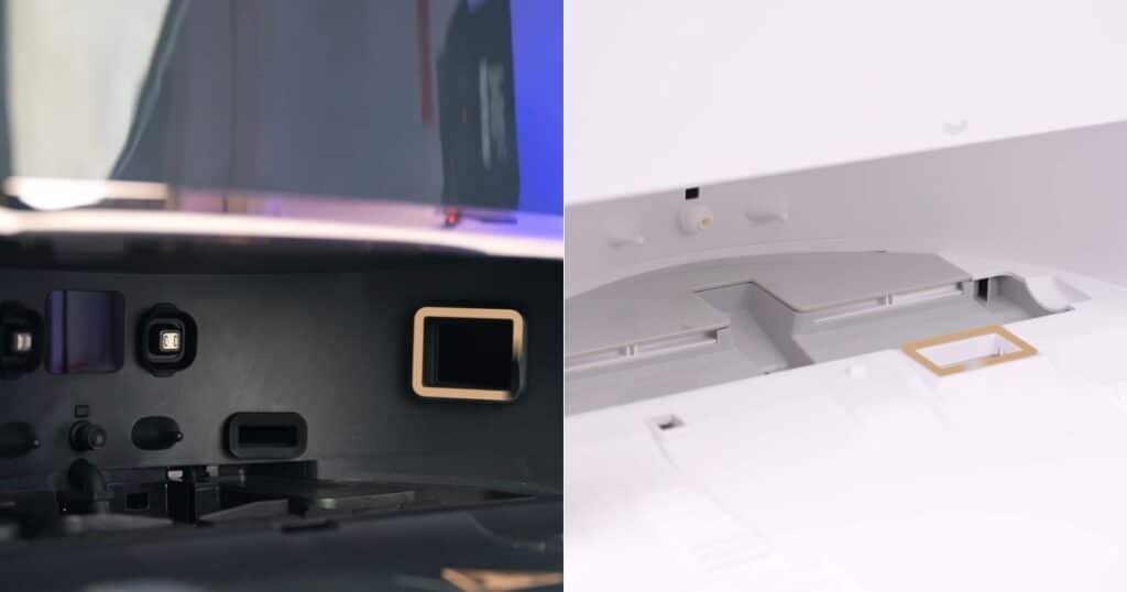Side-by-side close-up of the MOVA Z60 Ultra Roller (left) and Dreame Aqua10 Ultra Roller (right) docking stations, showing the debris evacuation ports that enable automatic dustbin emptying.