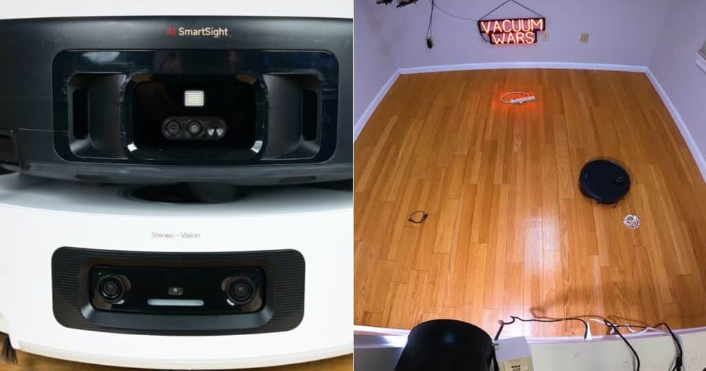 Close-up comparison showing the camera modules of two robot vacuums—MOVA Z60 with “AI SmartSight” and Dreame Aqua10 with “Stereo Vision.” There's also a wide-angle view of the Z60 in an obstacle avoidance test area with various small objects on a hardwood floor.