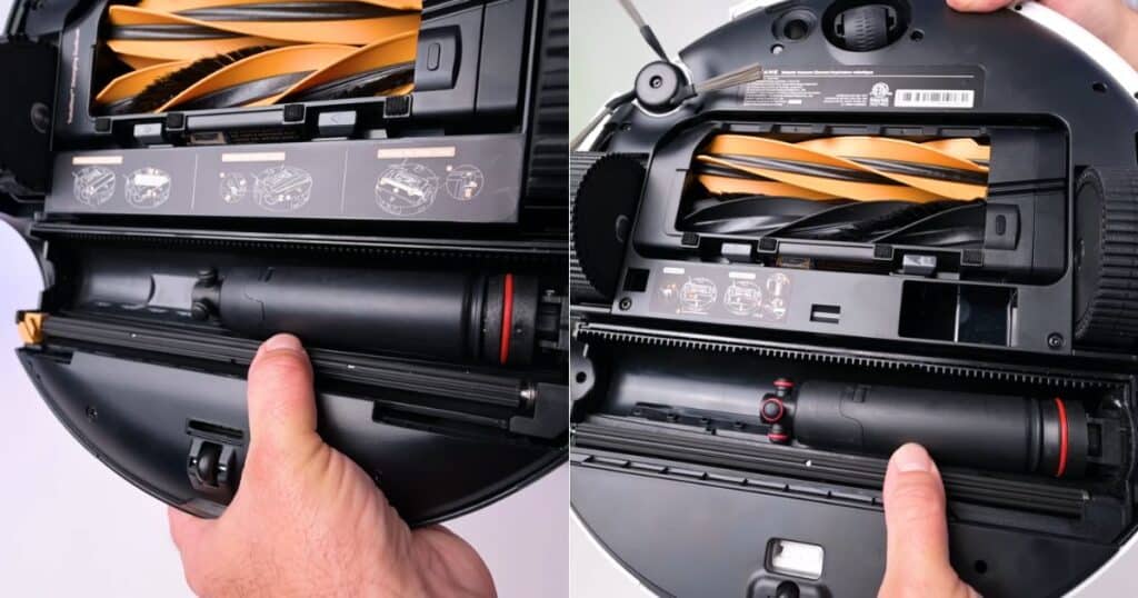 Side-by-side close-up of the underside of the MOVA Z60 Ultra Roller and Dreame Aqua10 robot vacuums, showing a person pressing on the roller mop assembly where the roller-fluffing mechanism operates to maintain even contact with the floor.