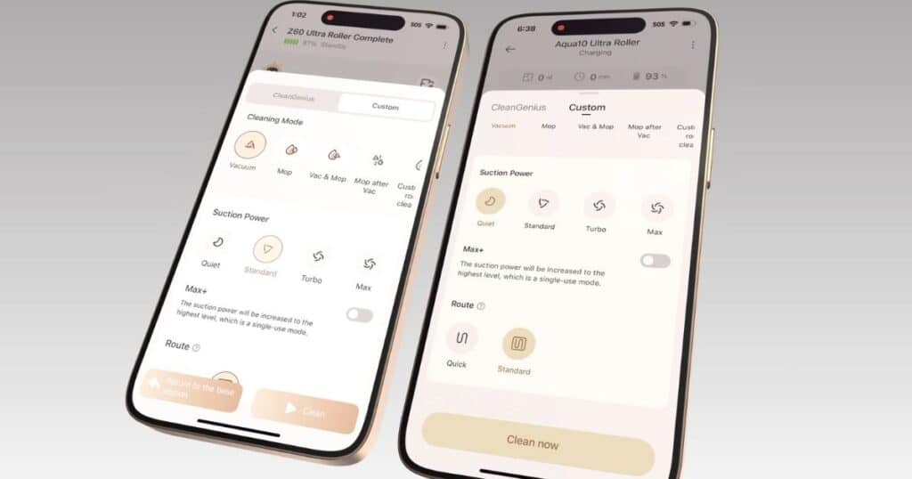 Two smartphones displaying the control interfaces for the MOVA Z60 Ultra Roller and Dreame Aqua10 Ultra Roller apps, showing cleaning mode, suction power, and route customization settings side by side.
