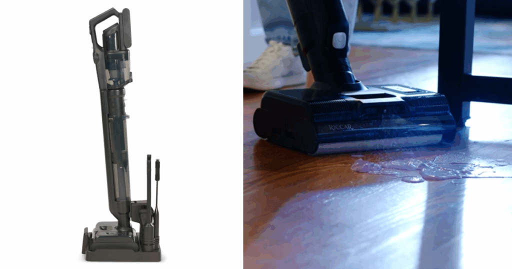 Riccar R70 Multi-Clean Deluxe Smart Mop & Vacuum cleaning up a spill on a hardwood floor, shown with charging base and detachable handheld unit.