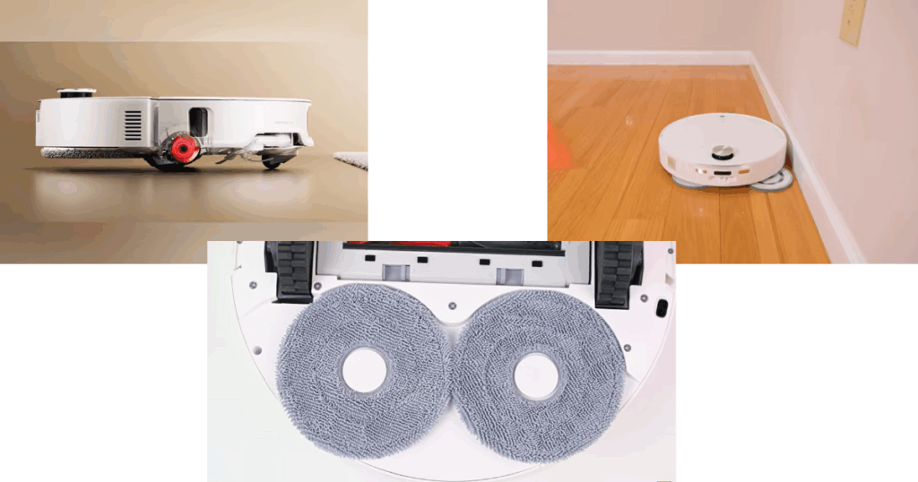 Roborock Qrevo CurvX robot vacuum mop showing dual spinning mop pads, automatic mop lift, and extending edge mop cleaning hardwood floors