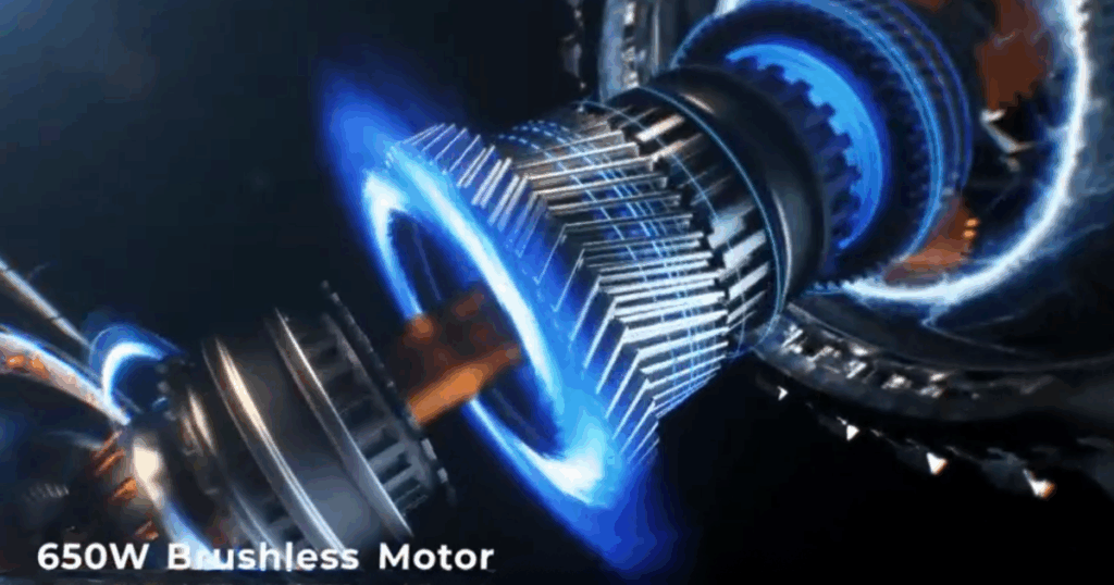 Close-up artistic rendering of the SMOTURE VAC03 650W brushless motor showing internal turbine blades and blue energy effect, illustrating the motor’s airflow efficiency and suction power.