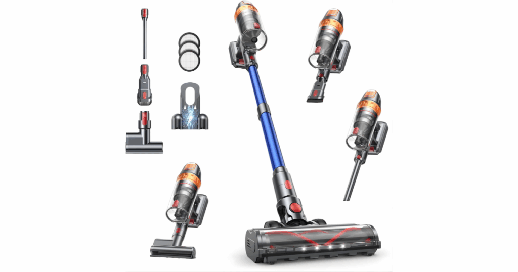 SMOTURE VAC03 cordless vacuum and included accessories, showing the main vacuum body, electric floor brush, upholstery tool, crevice tool, dusting brush, mini cleaning tool, adjustable tube, wall-mounted charger, and spare HEPA filters.