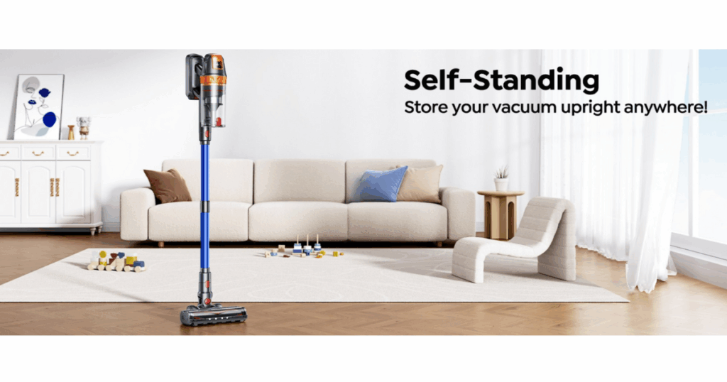 SMOTURE VAC03 cordless stick vacuum standing upright in a modern living room, showing its self-standing design for lightweight, space-saving storage.