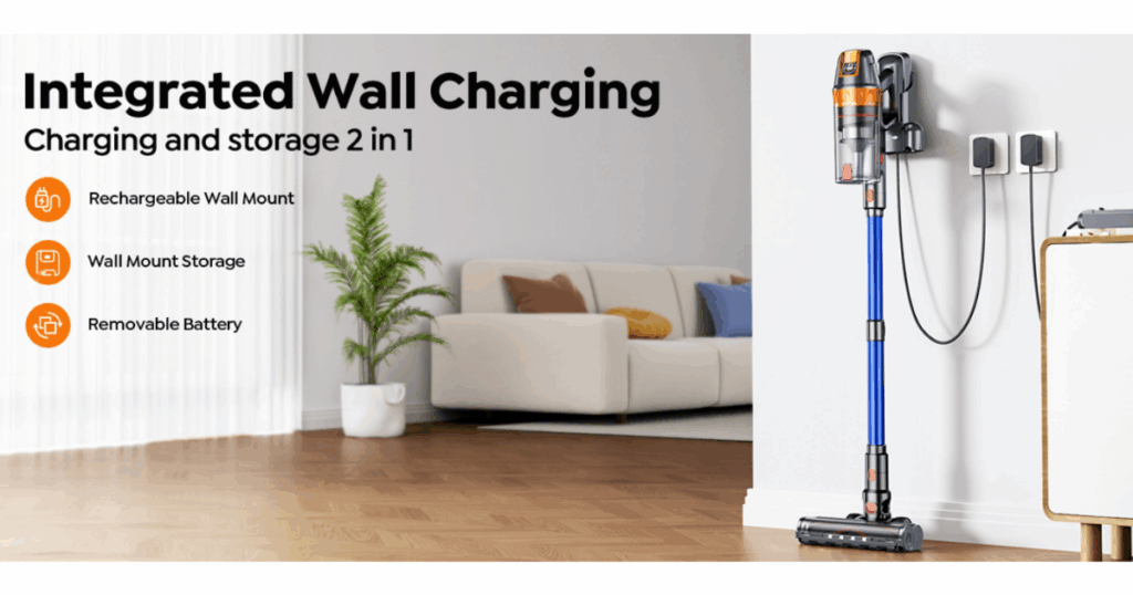 SMOTURE VAC03 cordless vacuum on wall-mounted charging dock in a living room, showing rechargeable wall mount, removable battery, and integrated storage design.