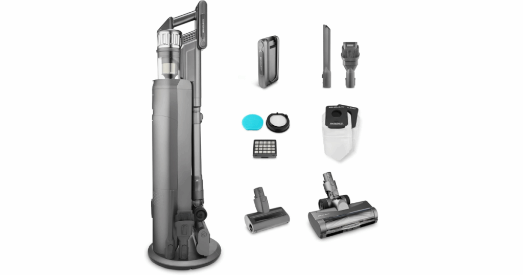 Soniclean STV-3 cordless vacuum cleaner with auto-empty base station and included accessories: 2-in-1 dusting brush, crevice tool, mini motorized powerhead, telescopic wand, HEPA filters, and disposable H10 filter bags
