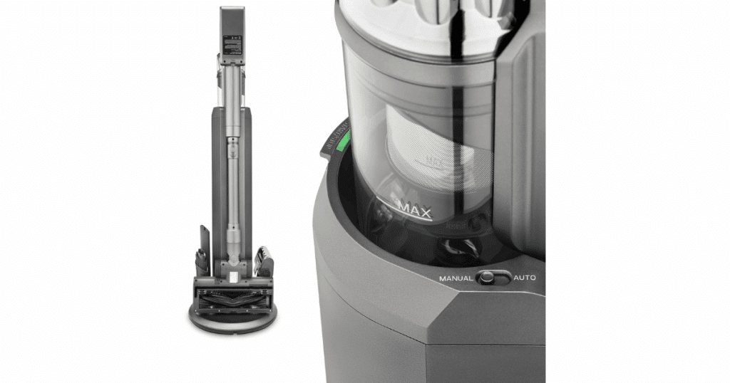 Close-up of the Soniclean STV-3 cordless vacuum cleaner auto-empty base station showing the dust collection chamber and HEPA filtration system with manual and auto cleaning modes