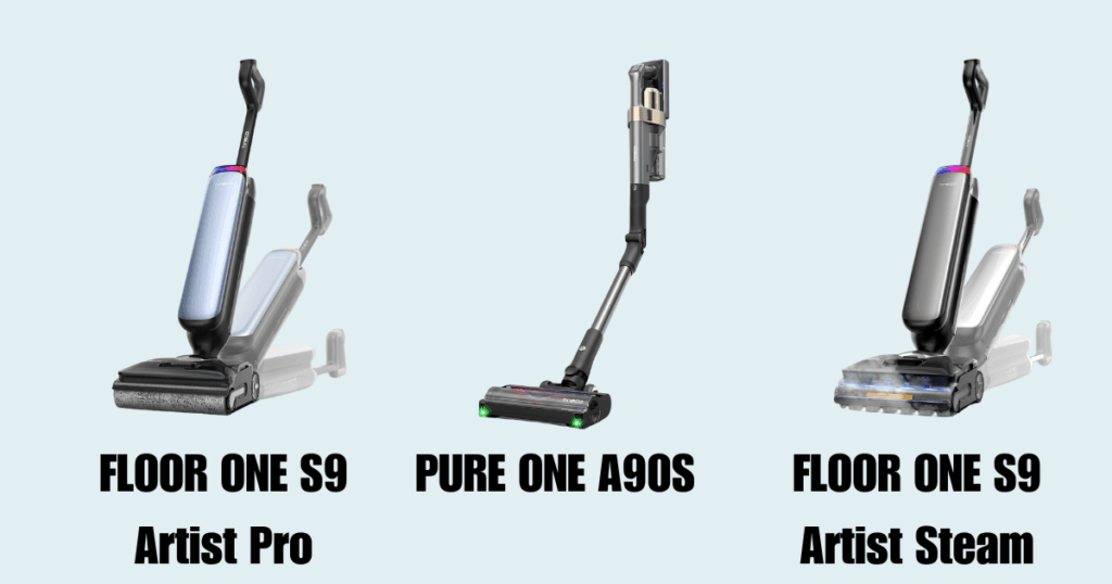 Tineco FLOOR ONE S9 Artist Pro, PURE ONE A90S, and FLOOR ONE S9 Artist Steam shown side-by-side, featuring DualBlock anti-tangle technology, 3DSense adaptive brush, and 284°F steam cleaning