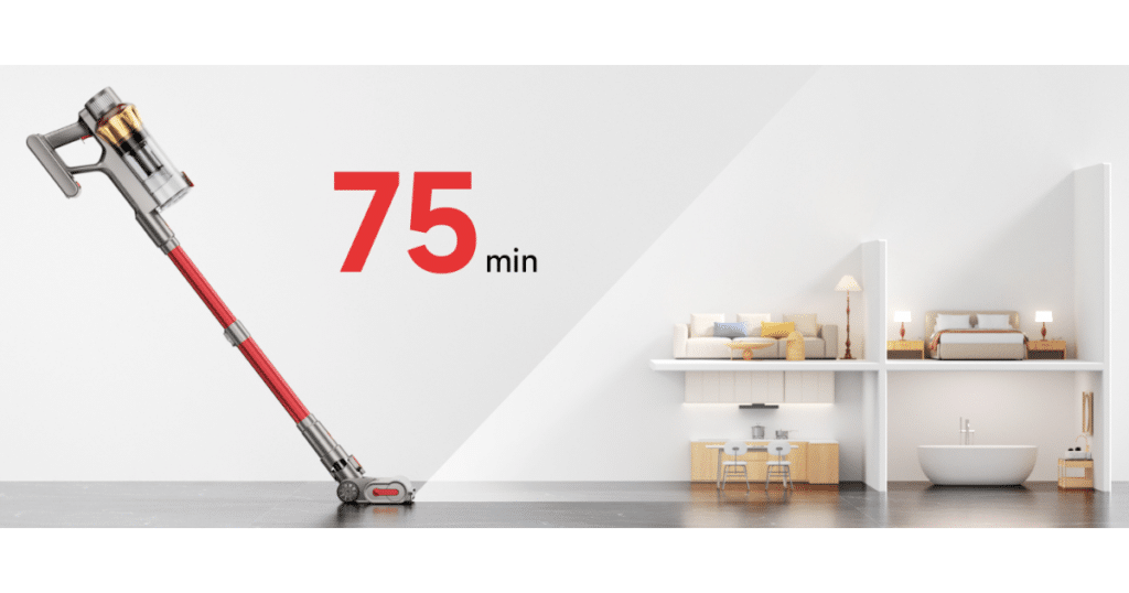 Aipoway Battery Life | Vacuum Wars Aipoway cordless vacuum leaning upright next to a graphic showing ‘75 min’ runtime and a cutaway illustration of a multi-room home.