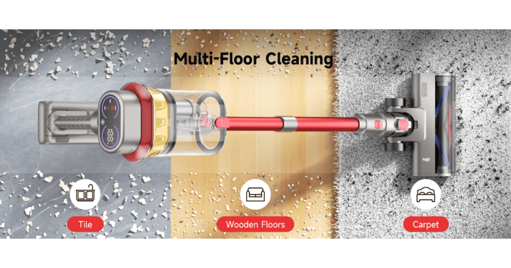 Aipoway MultiFloor Cleaning | Vacuum Wars Aipoway cordless vacuum shown cleaning tile, wooden flooring, and carpet in a split-screen layout that illustrates its multi-floor cleaning capability.