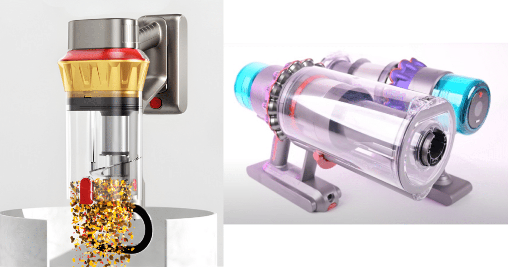 Aipoway and Dyson bin sizes | Vacuum Wars Side-by-side comparison of the dust-bin designs on the AIPOWAY cordless vacuum (left) and the Dyson Gen5outsize (right), showing the AIPOWAY’s unusually large dual-chamber bin and the Gen5outsize’s high-capacity Outsize bin