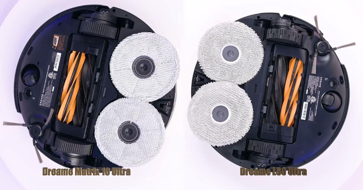 Side-by-side overhead view of the undersides of two Dreame robot vacuums: the Dreame Matrix10 Ultra on the left and the Dreame L50 Ultra on the right. Each show dual spinning mop pads, a dual-roller brush with orange accents, side brushes, and large rear wheels against a white background.
