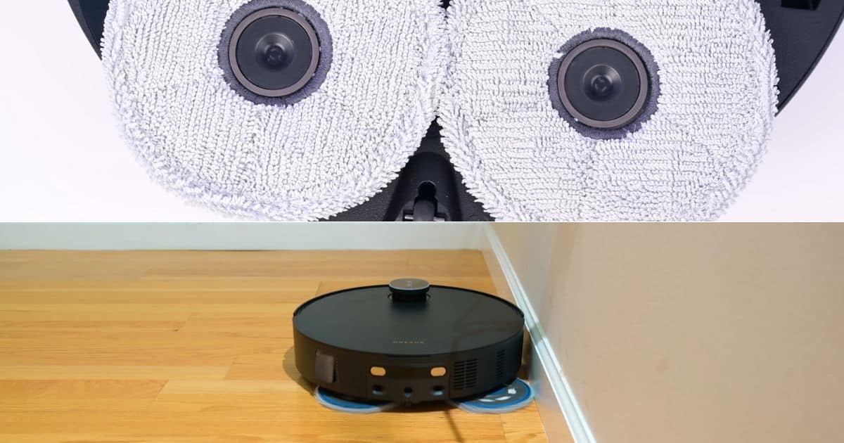 Split image showing the Dreame Matrix10 Ultra’s three round microfiber mop pads from below on the top half. On the bottom half, the robot is running along a hardwood floor and a wall with one blue mop pad visibly extended outward to reach the edge.