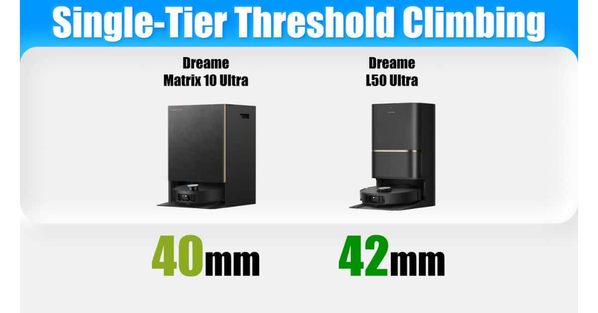 Chart comparing single-tier threshold climbing height for two Dreame robots: Matrix10 Ultra (40 mm) and L50 Ultra (42 mm).