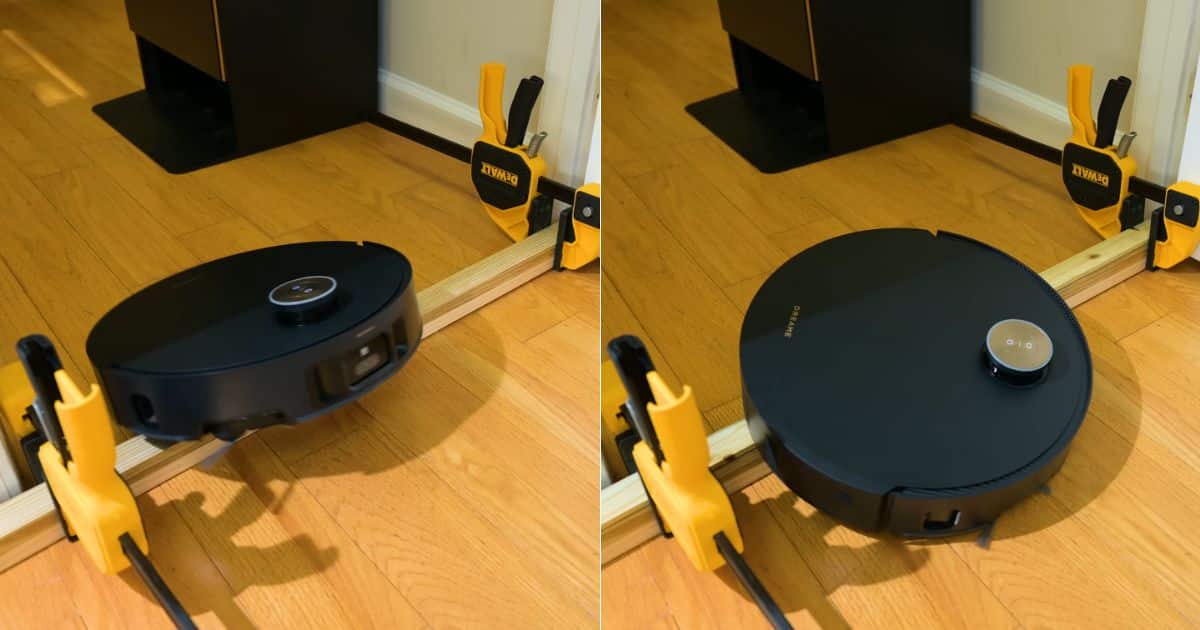 Side-by-side photos showing Dreame Matrix10 Ultra driving over a clamped wooden threshold mock-up, first approaching and then fully crossing the raised strip on a hardwood floor. Captured during our Dreame Matrix10 Ultra review.