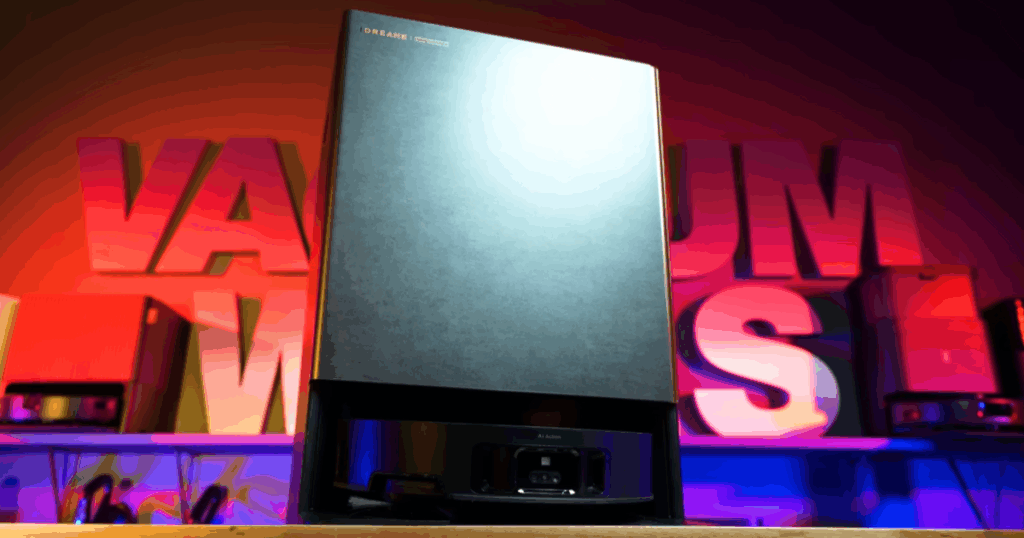 Dreame Matrix10 Ultra robot vacuum docked at its base in the Vacuum Wars studio.