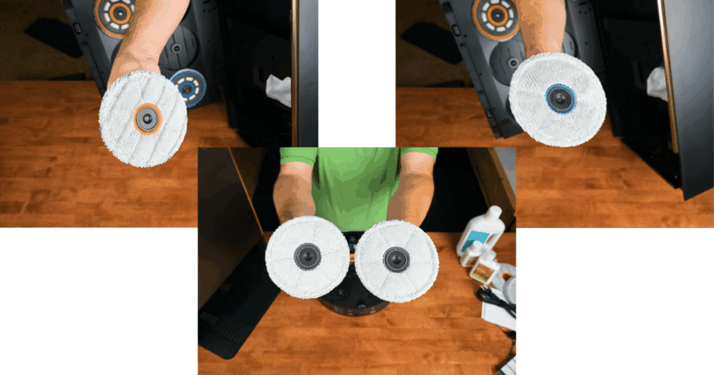Dreame Matrix10 Ultra mop pads showing three different textures used for bathroom cleaning, scrubbing tougher areas, and general hard floor mopping.