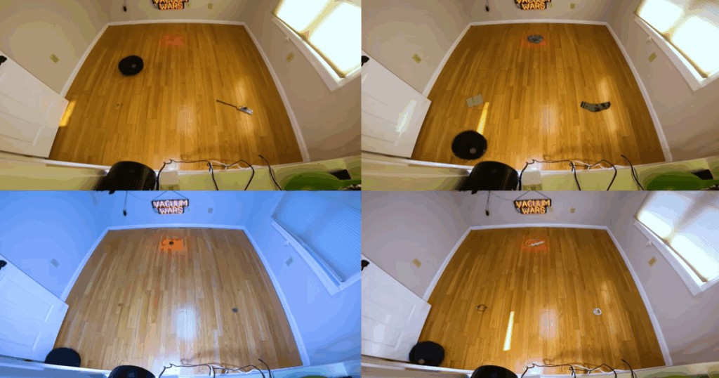 Dreame Matrix10 Ultra robot vacuum navigating obstacle avoidance tests with various objects placed on a hardwood floor.