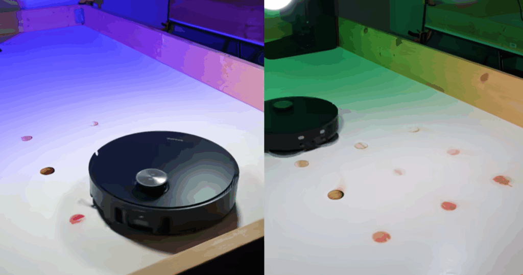Side-by-side mopping evaluation of the Dreame Matrix10 Ultra and Dreame L50 Ultra on stain-marked test surfaces.