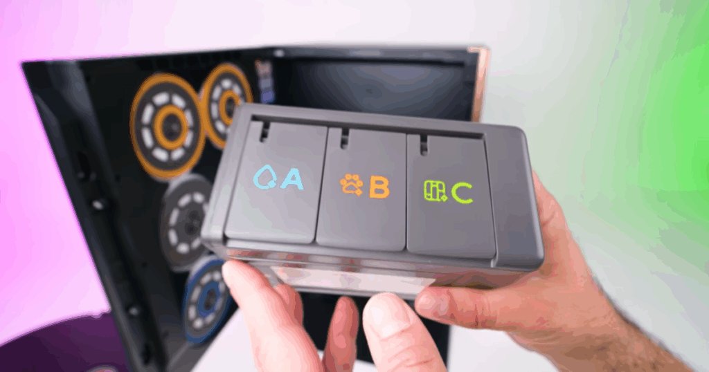 Dreame Matrix10 Ultra three-compartment solution cartridge labeled A, B, and C for different floor-cleaning formulas.