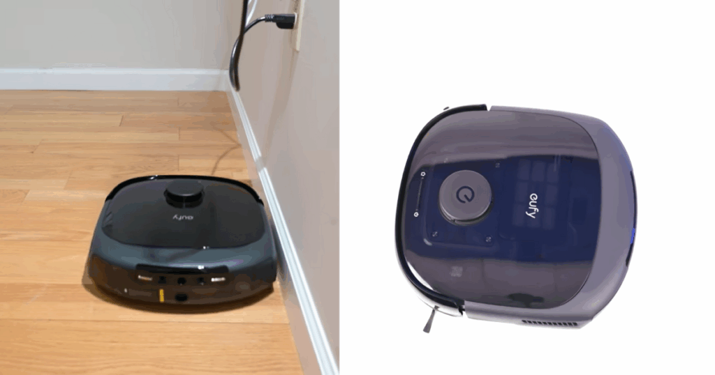Eufy E25 Square shape mopping | Vacuum Wars A side-by-side image of an E25 robot vacuum mopping along a wall's edge and an overhead image of an E25 to showcase its squared shape, which helps it to clean edges without an extending mop roller