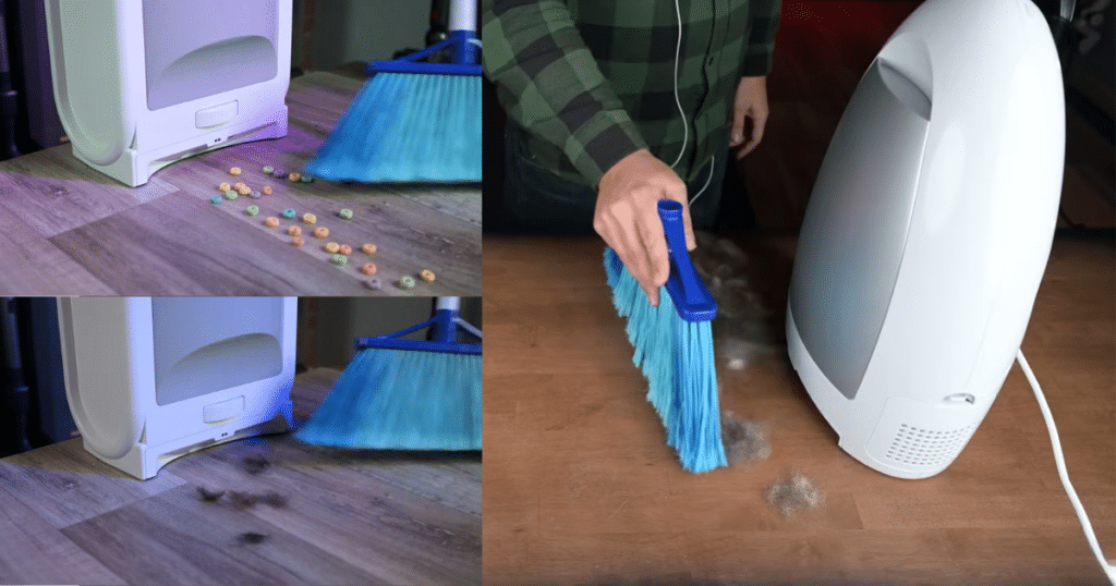 EyeVac Touchless Vacuum Sweeping | Vacuum Wars EyeVac stationary vacuum in use, automatically activating as debris, pet hair, and cereal are swept toward the intake using a broom.