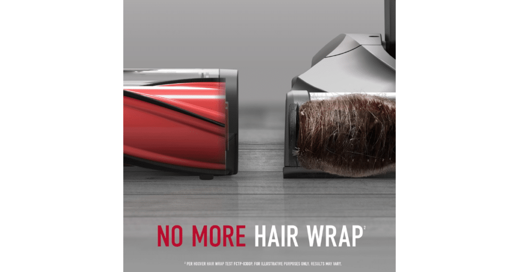 Close-up of the Hoover WindTunnel Swivel Pet vacuum’s Tangle Guard brush roll designed to prevent hair wrap for pet-friendly cleaning.