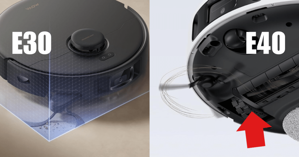 MOVA E30 E40 side brush | Vacuum Wars Left: The MOVA E30 Pro Plus has an extending side brush to reach into corners. Right: The E40 Ultra introduces MOVA's fixed side brush with a hair-removing tab to prevent wraps.