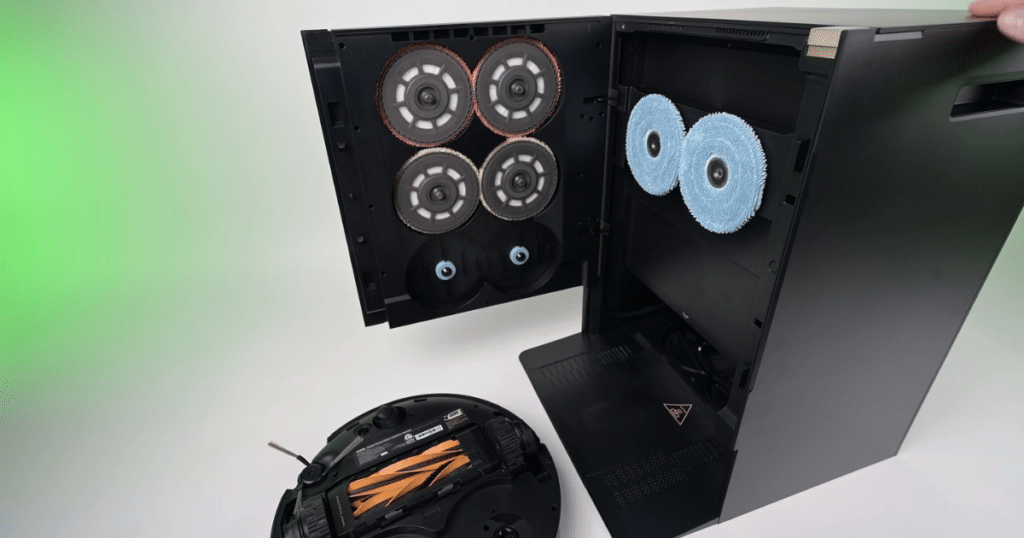 MOVA Mobius 60 Mop Pad Swapping | Vacuum Wars MOVA Mobius 60 MopSwap dock showing multiple interchangeable mop pads stored inside the base station