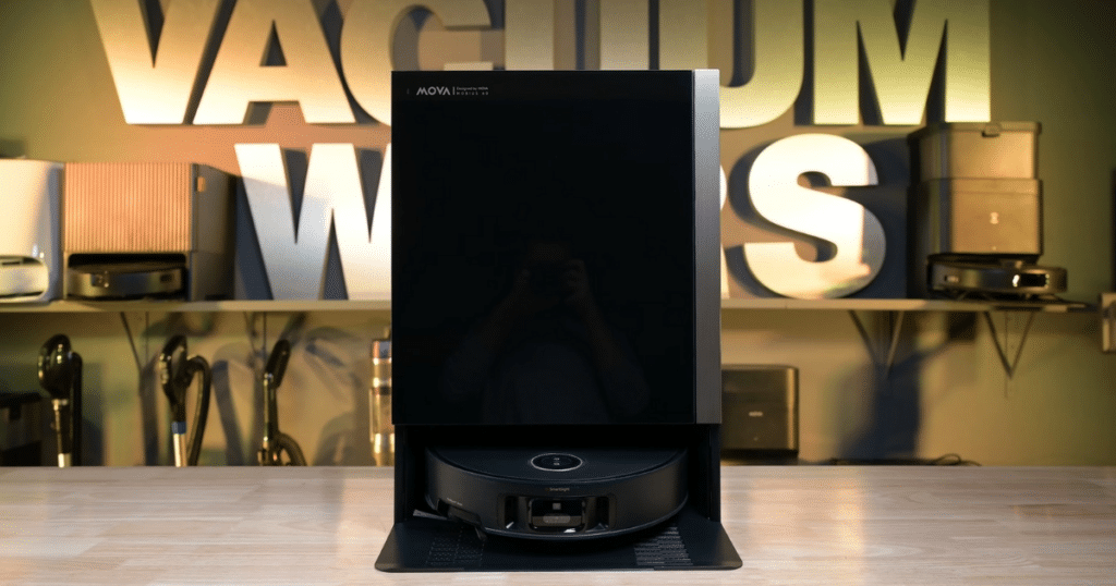 MOVA Mobius 60 robot vacuum at the Vacuum Wars studio | Vacuum Wars MOVA Mobius 60 robot vacuum with all-in-one docking station photographed in the Vacuum Wars testing studio