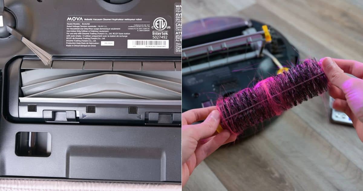 | Vacuum Wars Split image showing the underside of the MOVA S10 robot vacuum on the left, with a grey rubberized main brush and product specification label. Next to it is the Roomba 600 series robot vacuum on the right, where a bristled main roller is removed and shown packed with long pink hair.