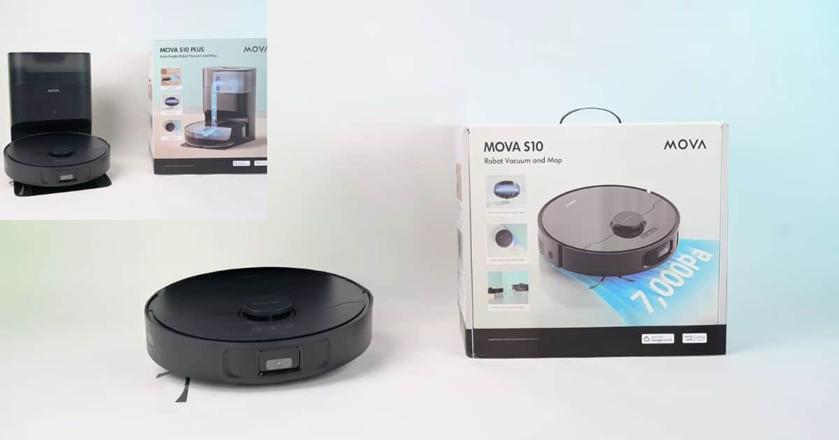 | Vacuum Wars Studio photo showing the MOVA S10 robot vacuum in front of its retail box labeled “MOVA S10 Robot Vacuum and Mop” with a blue “7,000Pa” suction graphic. There’s also an inset image of the MOVA S10 Plus auto-empty robot vacuum and dock alongside its “MOVA S10 Plus Auto-Empty Robot Vacuum and Mop” packaging.