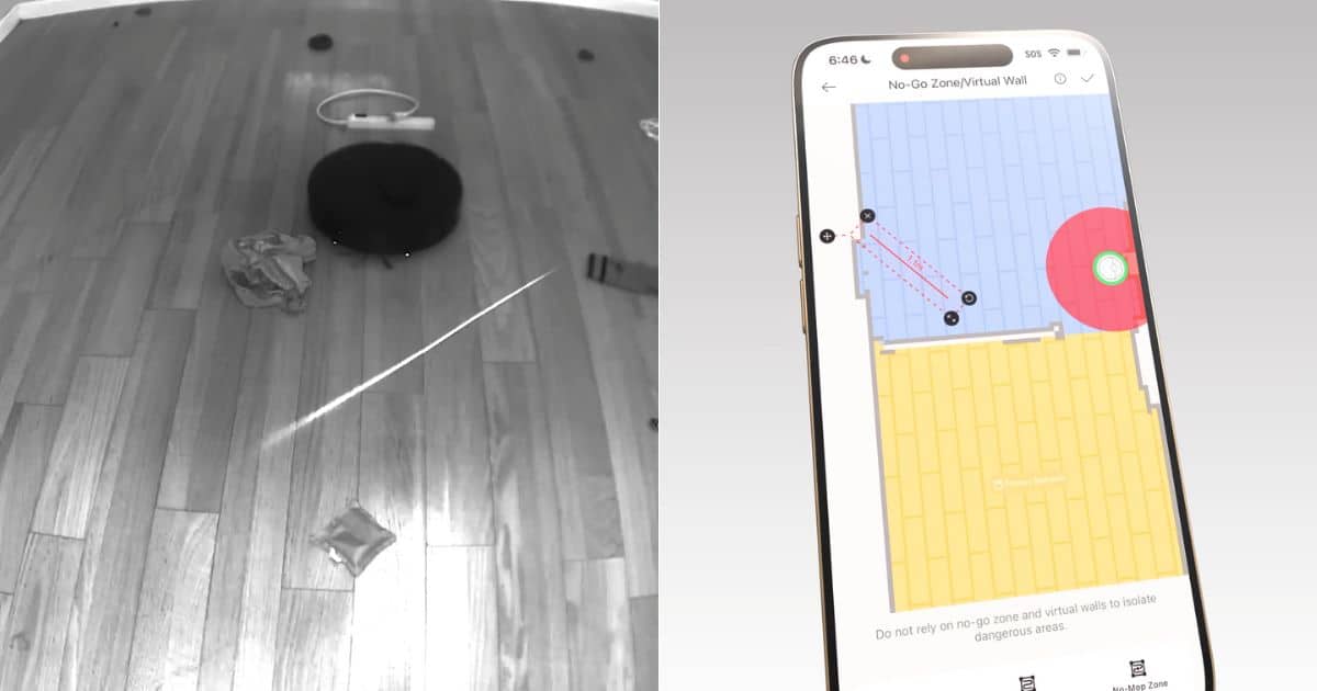 | Vacuum Wars Split image showing an overhead view of the MOVA S10 navigating an obstacle course with socks and other items on a hardwood floor on the left. On the right, a smartphone screen with the MOVA S10 app open to a floor map with colored rooms and virtual no-go zones and walls.