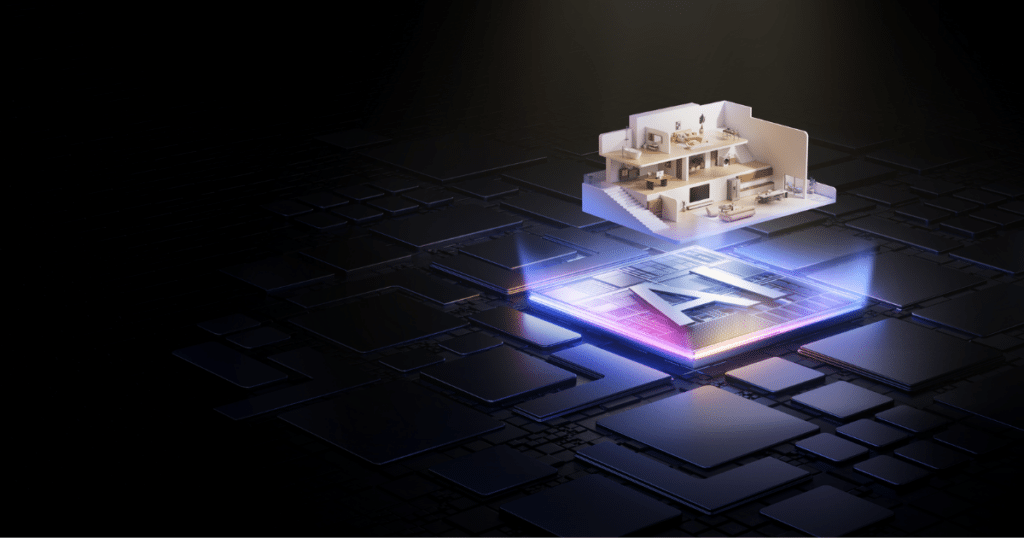 Narwal Flow 2 AI | Vacuum Wars An illustration of a home design with a foundation on an AI grid, illustrating the NarMind Autonomous System 2.0, which uses both local and cloud processing to give the Flow 2 what Narwal calls unlimited object recognition