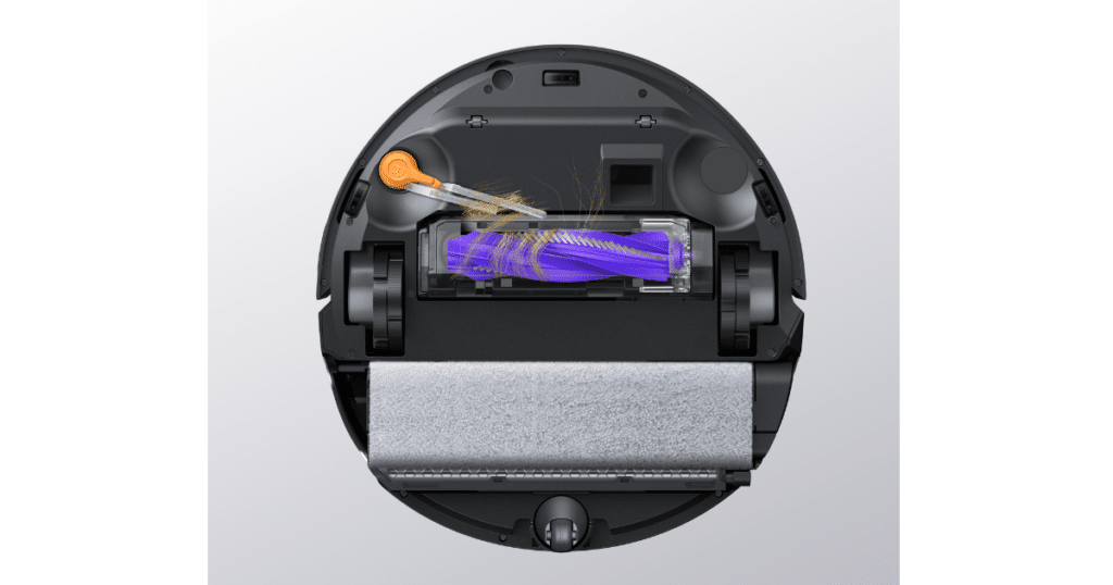 Narwal Flow 2 brushes | Vacuum Wars Underside of the Narwal Flow 2 robot vacuum showing the DualFlow tangle-free roller brush and anti-tangle side brush.