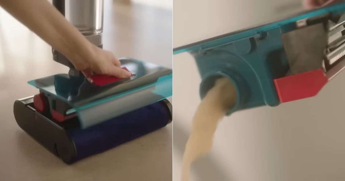 | Vacuum Wars Split image showing the Dyson Clean+Wash Hygiene floor head with a blue microfiber roller on the left, and dirty water being poured from a floor-head compartment on the right.