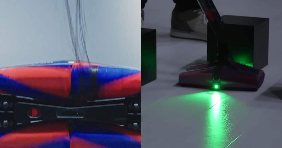 | Vacuum Wars Split image showing a red-and-blue vacuum roller with strands of hair above it on the left, and a vacuum head projecting a bright green light across a hard floor on the right.