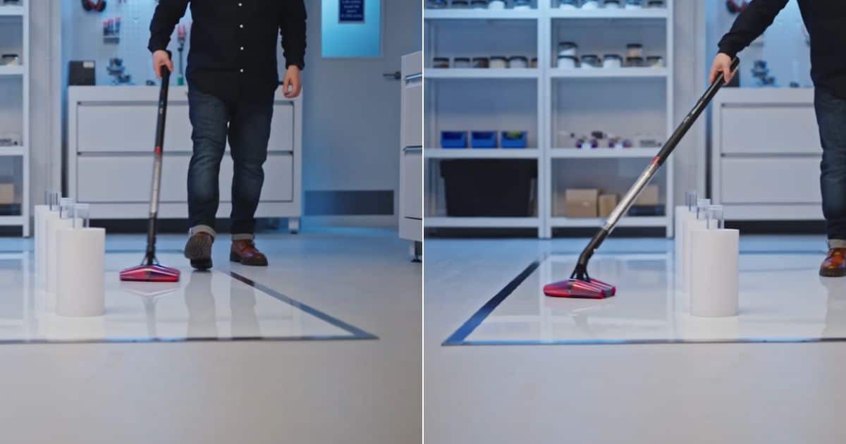 | Vacuum Wars Split image showing the Dyson PencilVac being pushed across a glossy hard floor in a lab setting, including a side-angle pass along a row of white rectangular blocks.