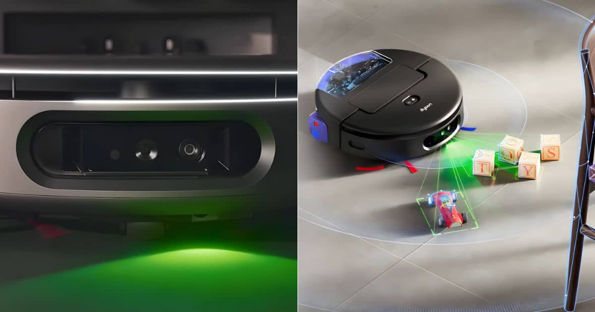 | Vacuum Wars Split image showing a close-up of the new Dyson product, Spot+Scrub Ai sensor array with a green light on the left. The same robot is projecting a green scan pattern near small toys and blocks on the right.