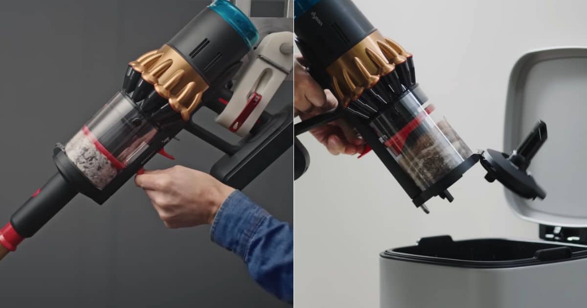 | Vacuum Wars Split image showing the Dyson V16 Animal cordless vacuum’s dust bin in close-up and the vacuum being emptied into a container with the bin open.