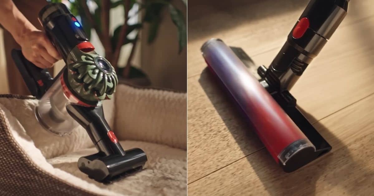| Vacuum Wars Split image showing a Dyson V8-style cordless vacuum cleaning a pet bed on the left and a fluffy roller head on a hard floor on the right.