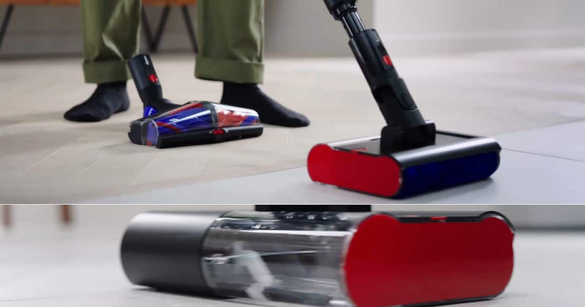 | Vacuum Wars Montage showing a Dyson V16 Submarine floor head cleaning a hard floor and its clear cylindrical water tank.