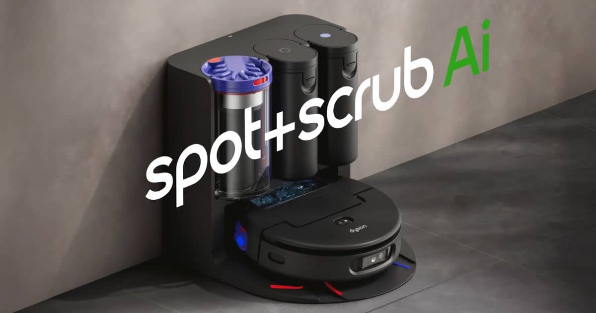 | Vacuum Wars Dyson Spot+Scrub Ai robot vacuum beside its dock with large on-screen text reading “spot+scrub Ai”.