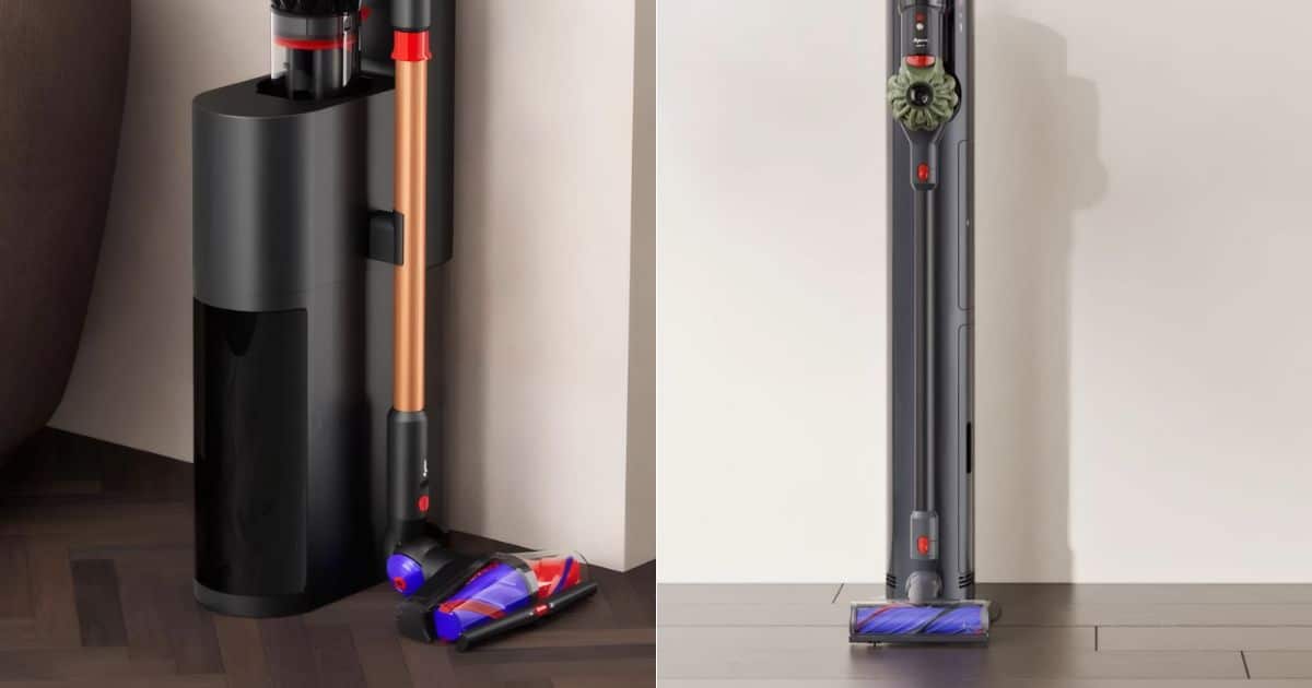 | Vacuum Wars Split image showing a Dyson cordless vacuum stored beside a tall black dock on the left and the full vacuum standing upright on the right, both with a red-and-blue floor head.