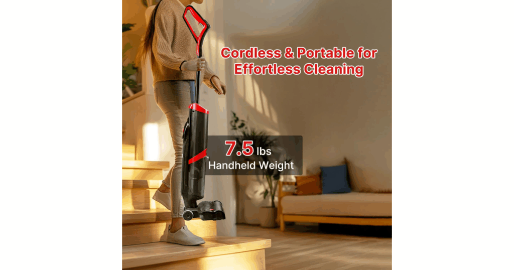 Person carrying the lightweight cordless Shop-Vac Wet Dry Vacuum & Mop down a staircase, showing its 7.5-pound handheld weight for easy portability.