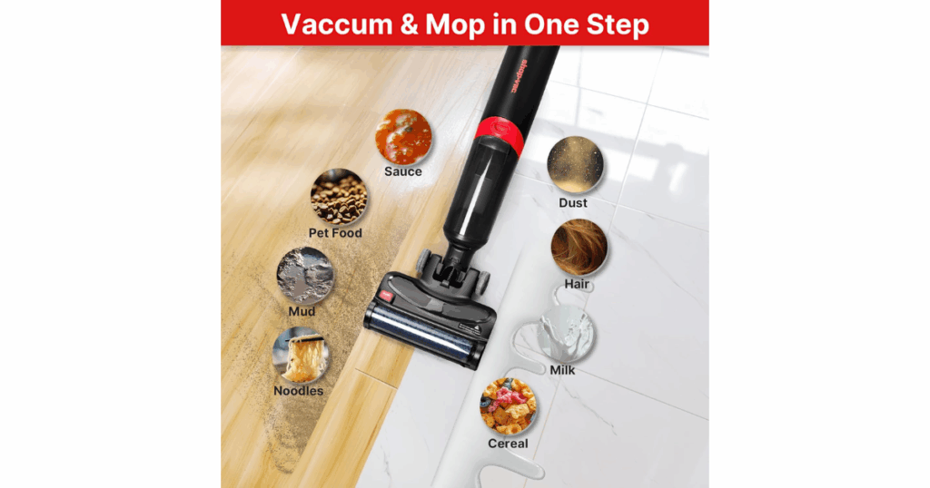 Shop-Vac Wet Dry Vacuum & Mop cleaning both hardwood and tile floors, removing sauce, pet food, mud, noodles, dust, hair, milk, and cereal in one pass.