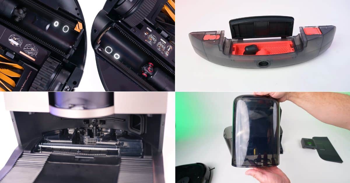 | Vacuum Wars Collage of single roller mop system components: close-ups of the roller module inside the robot, an open onboard tank, a dock wash bay for cleaning the roller, and a removable dark tank being held by hand.