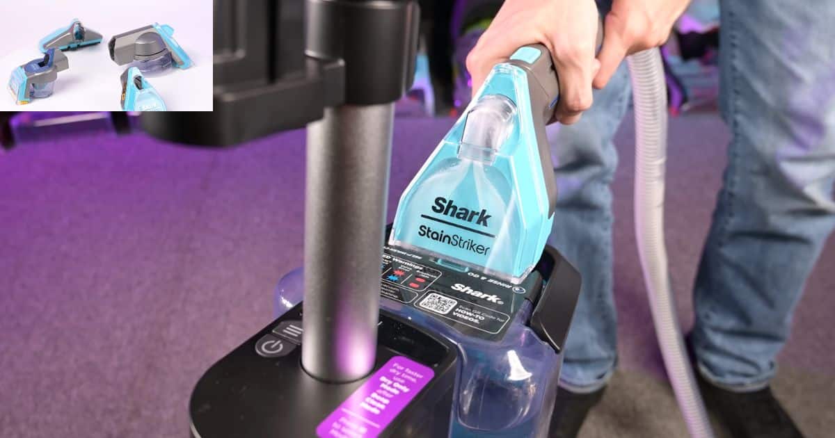 | Vacuum Wars Person using the EX304’s onboard hose self-cleaning system, with an inset showing several Shark hose attachments.